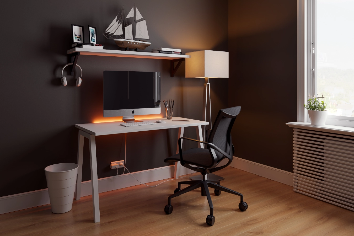 Möte kontorsstol och konferensstol i svart mesh med vitt Luna bord.