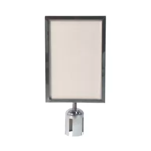 Skylthållare i krom med A4 storlek för köstolpe med band.