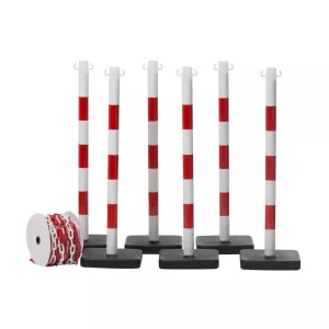 Stay Out avspärrningskit i röd/vit med 6 köstolpar och 25 meter kedja.