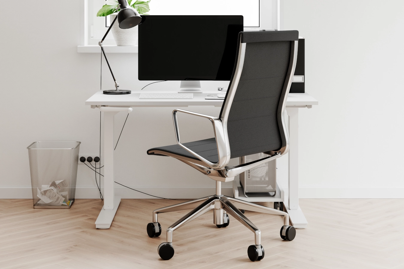 Styrelse konferensstol och kontorsstol med hög rygg ihop med Up & Down Zero skrivbord i vitt.