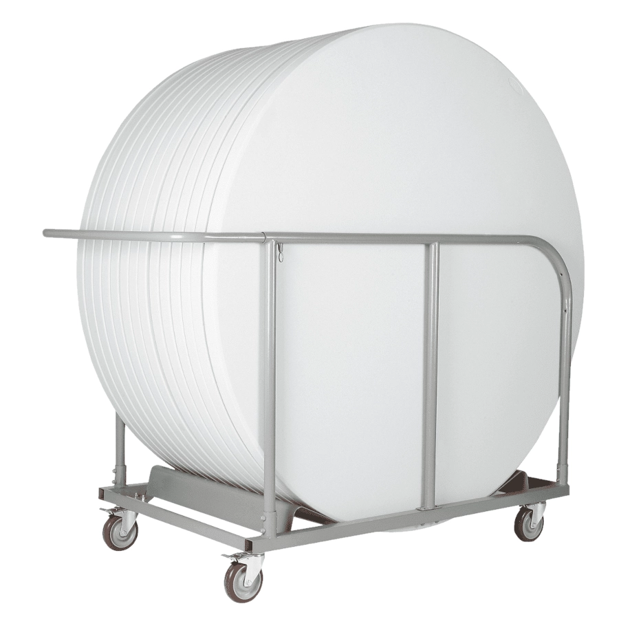 Transportvagn ihop med runda fällbord från Resol.