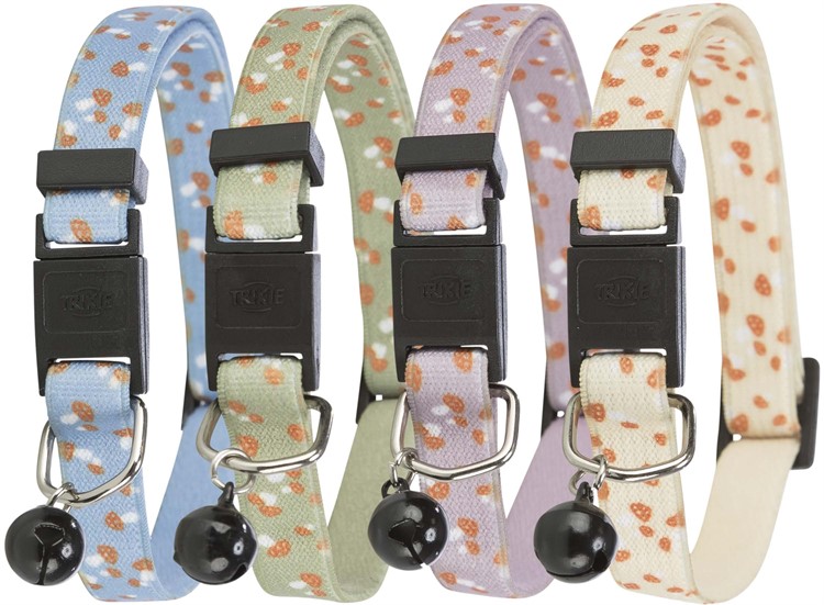 Katthalsband Svampmotiv elastiskt, snabblås, bjällra. Nylon. Bl. Frg