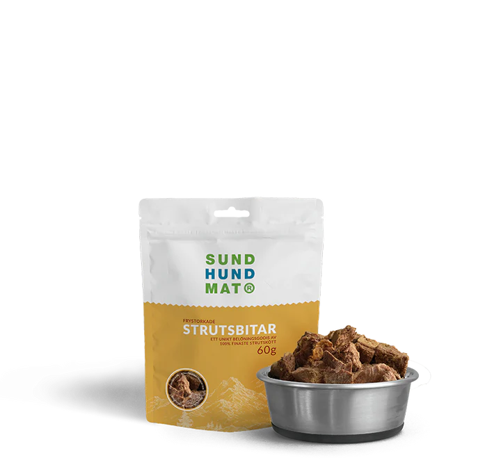 Frystorkade strutsbitar 60g Sund hundmat