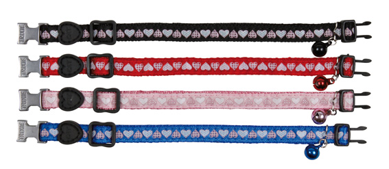 Katthalsband Hjärtan, snabblås, bjällra. Nylon. Bl. frg