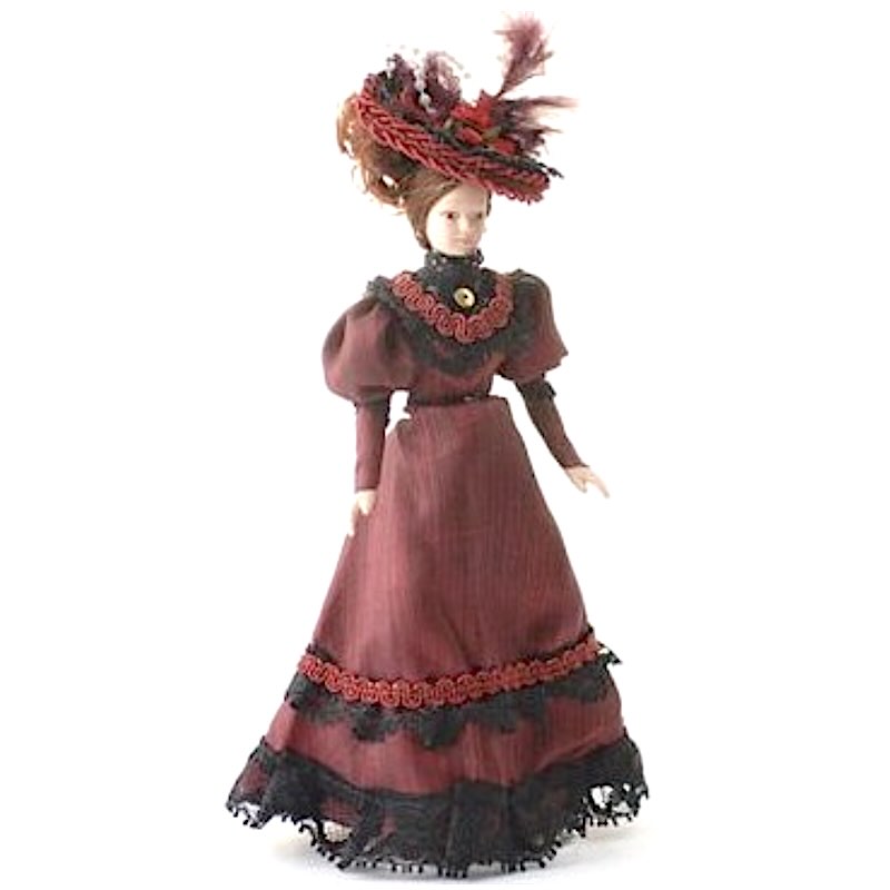 Dam fru mamma i vinröd klänning, docka i porslin