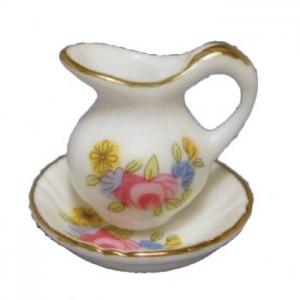 Tvättkanna med fat rosa dekor tvättfat