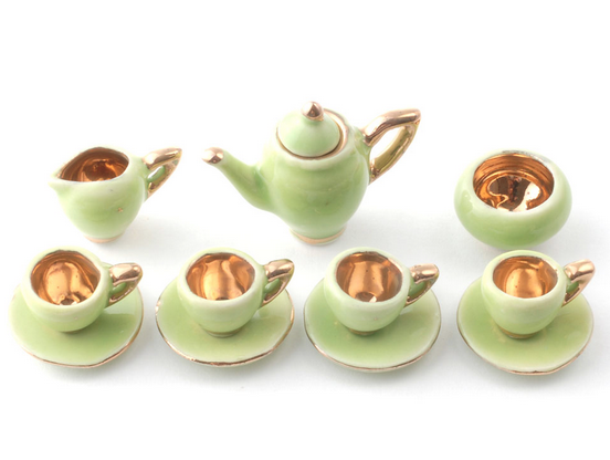 12 delar servis kaffeservis i porslin grönt och guld   art deco