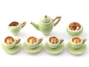 12 delar servis kaffeservis i porslin grönt och guld   art deco