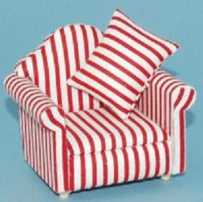 Fåtölj röd-vit randig stoppad, textil