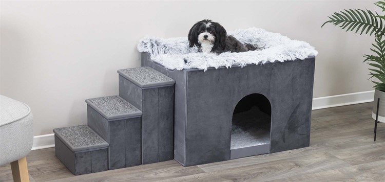 Harvey bädd med grotta och trappa, 119x47x50 cm, grå/vit-svart