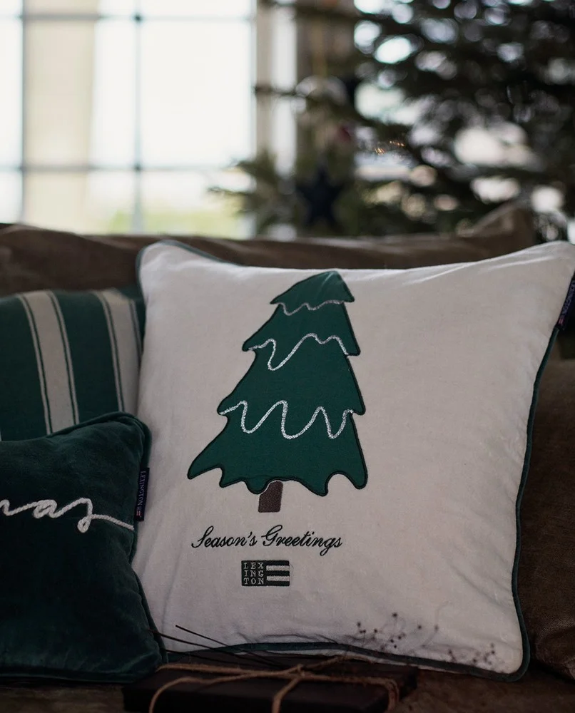 Kuddfodral Pine Tree twill patch Pillow Cover - cotton/velvet Lt Beige/green