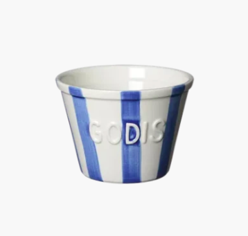 Godisskål - blå vit text randig