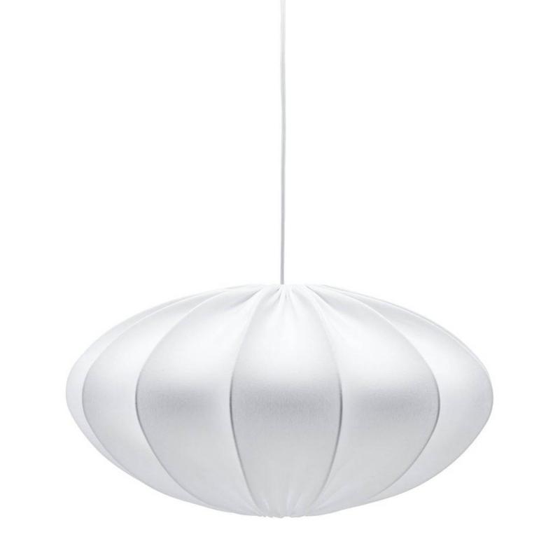 Flora plafond – en serie skärmar i olika storlekar och former klädda i vitt jerseytyg.