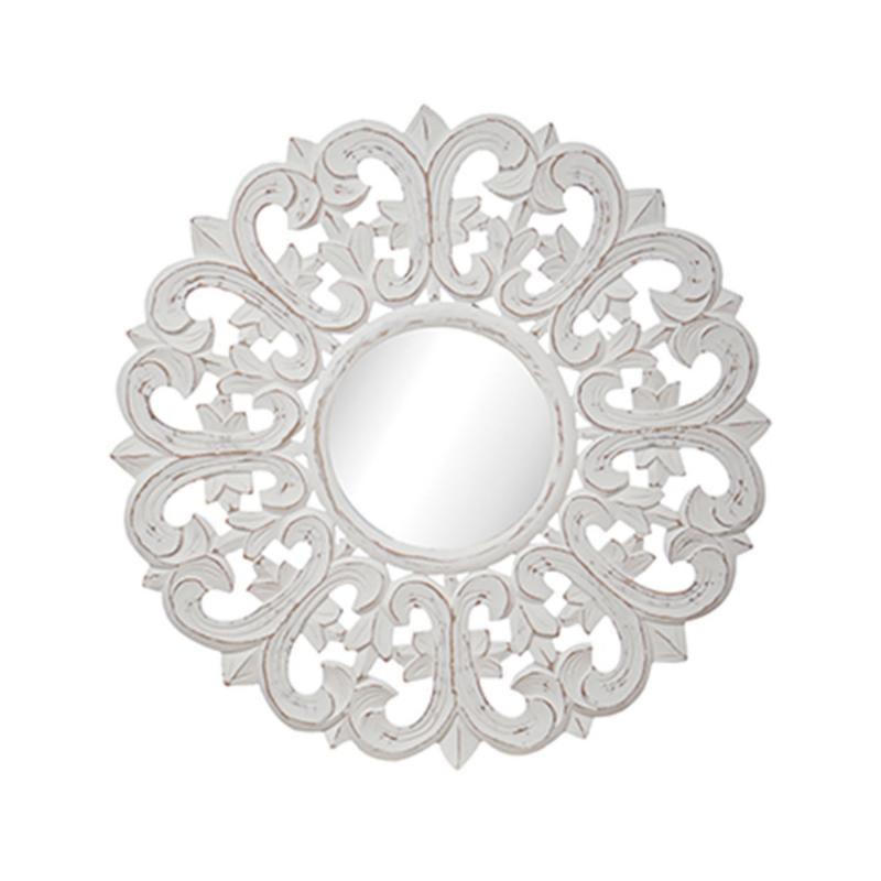 spegel med vit mönstrad ram