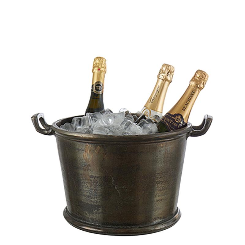 svart vin- och champagnekylare med flaskor och is i