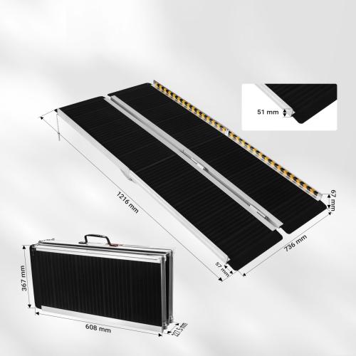 Rullstolsramp dubbel hopfällbar, 122 cm, 270 kg, halkfri yta, aluminium