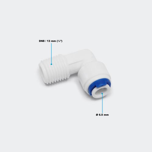 Jaco-Anslutning 90° till slang 1/4" - 6,35 mm och med 13,12 mm (1/4") utvändig gänga