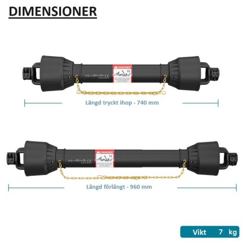 K-axel T2 740-960mm 270Nm 540varv/min, 23kW (31HK), 2x 1 3/8" 6 tänder kardanaxel