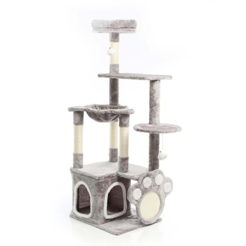 Katt klösträd tassform grå 135 cm med sisal och hus