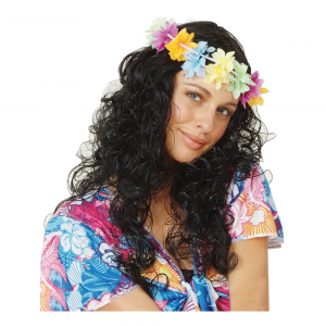 PERUK LOCKIG SVART M HAWAIIKRANS