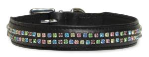 Mjukt läderhalsband m. 2 rader färgade kristaller