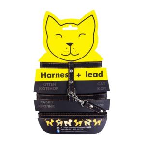 Sele & Koppelset i Läder till Katt (12mm A22-30cm, B30-40cm, L 122cm, Svart)