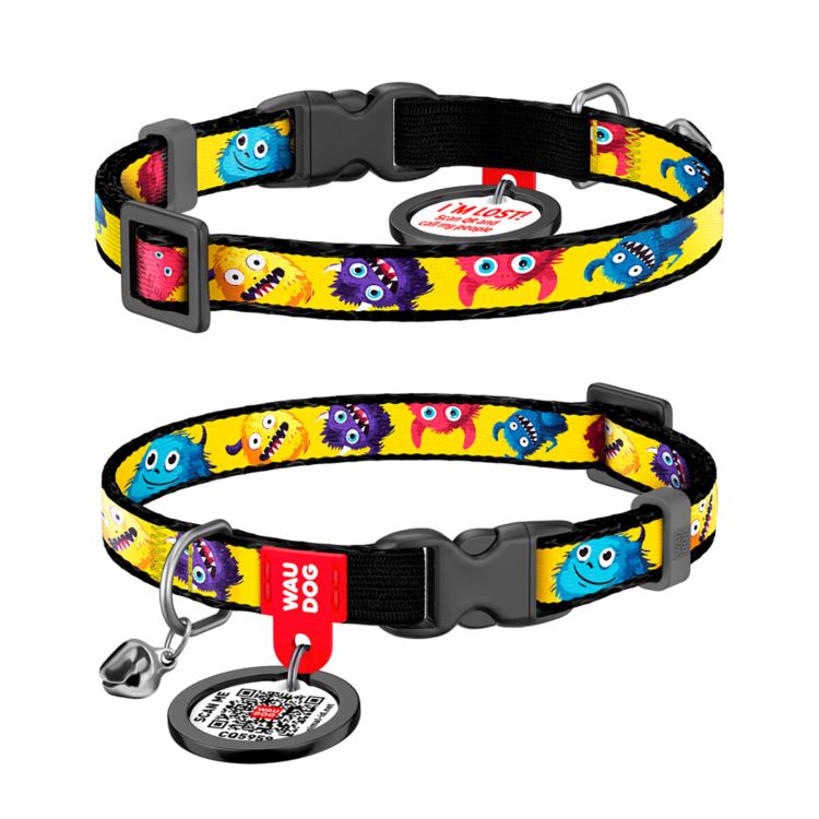 WAUDOG Katthalsband Nylon med Smart ID bricka Furry Monsters (10mm 20-30cm)