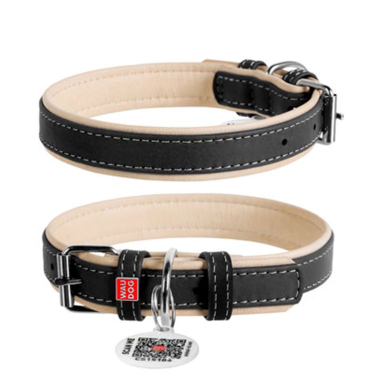 WAUDOG Soft Läderhalsband med Smart-ID Bricka, Svart
