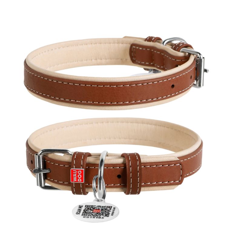 WAUDOG Soft Läderhalsband med Smart-ID Bricka, Brun