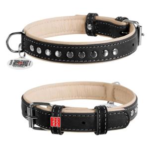 WAUDOG Soft Läderhalsband med Metalldekor Smart-ID Bricka, Svart