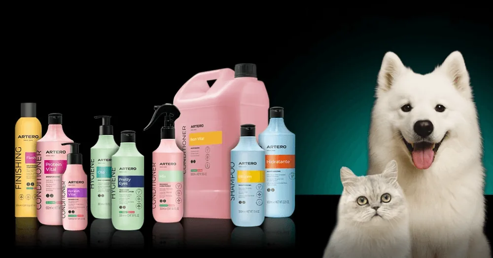 Artero schampo, balsam och stylingprodukter med samojed och katt