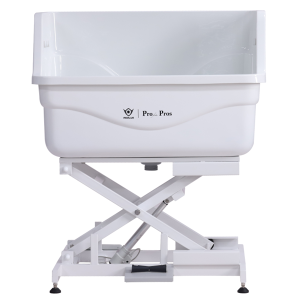 BTF90E elektriskt höj- och sänkbart hundbadkar. Vitt glasfiberbadkar med metallunderrede