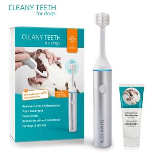 CleanyTeeth ultraljudstandborste för hund. Startkit med tandborste, tandkräm, laddsladd och extra borsthuvuden.