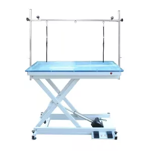 Elektriskt höj- och sänkbart trimbord med trimgalge, längd 110 cm. LED-belysning i bordsskivan.