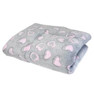 Ergosoft mjuk, vändbar hundpläd. Ljusgrå med rosa hjärtan, vit teddy, 87x71x4 cm.