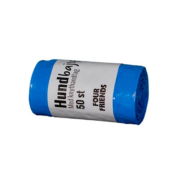 FourFriends bajspåsar med knythandtag. Hundpåsar i kraftig plast för hundar i alla storlekar. 50-pack. Blå.