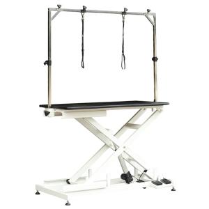 TE808 ECO White, elektriskt höj- och sänkbart trimbord. Vitt underrede och svart bordsskiva, H-galge medföljer. 105x60x29-107 cm