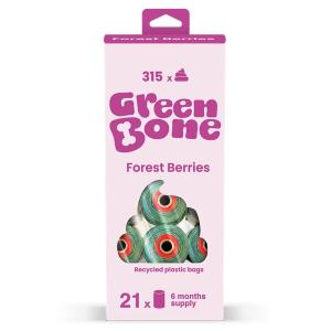 Green Bone bajspåsar med doft av Forest Berries. Hundpåsar av återvunnen plast. 315-pack, 21 rullar.