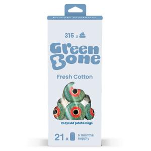 Green Bone bajspåsar med doft av Fresh Cotton. Hundpåsar av återvunnen plast. 315-pack, 21 rullar.