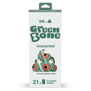 Green Bone bajspåsar Unscented utan doft. Hundpåsar av återvunnen plast. 315-pack, 21 rullar.