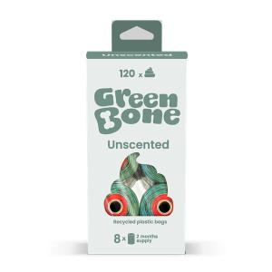 Green Bone bajspåsar Unscented utan doft. Hundpåsar av återvunnen plast. 120-pack, 8 rullar.