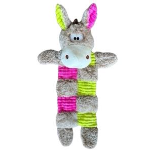 Hundleksak åsna plysch brunmelerad med rosa och limegröna detajler, med pipljud. Längd 40 cm