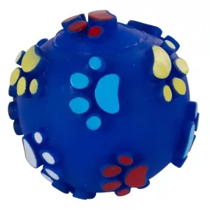 Blå boll med tassmönster vinyl 10 cm - hundleksak