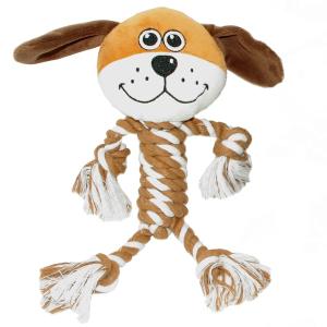 Hundleksak hund med huvud i plysch och repkropp, med pipljud, längd 33 cm