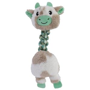 Hundleksak i plysch med expander, längd 40 cm. Ljusbrun, vit och grön, med pipljud.