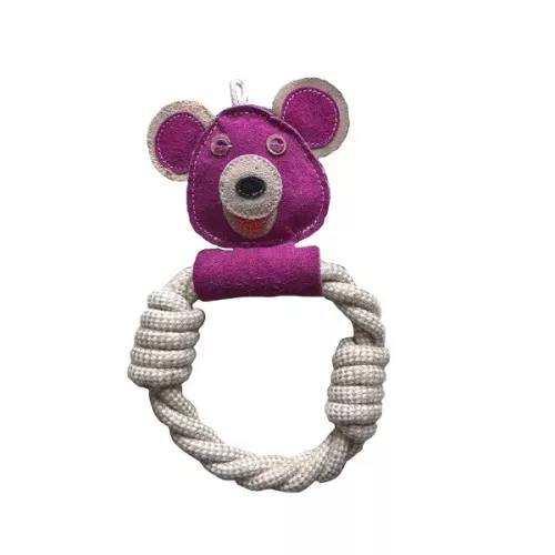 Läderbjörn med ring av rep - hundleksak