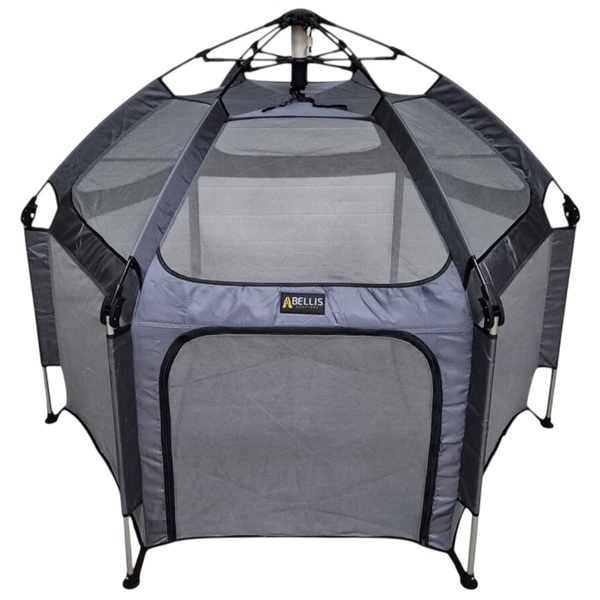 Grått hundtält med avtagbart, solreflekterande överdrag. Diameter ca 150 cm