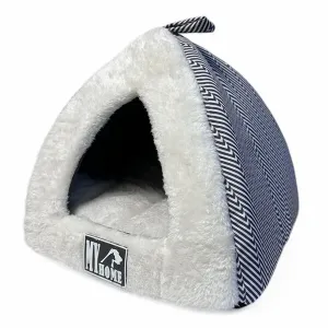 Igloo för katten eller den lilla hunden. Mönstrad mörkgrå/vit med framsida i plysch.