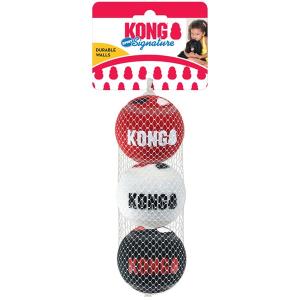 KONG Signature Sports balls i 3-pack, hundleksaker utan pipljud. Storlek medium, diameter ca 6,5 cm.