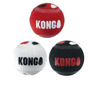 KONG Signature Sports balls i 3-pack, hundleksaker utan pipljud. Storlek medium, diameter ca 6,5 cm.